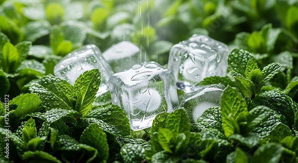 Fototapeta Cool Refreshment Ice Cubes and Fresh Mint Leaves for Summer Cocktails and Mocktails