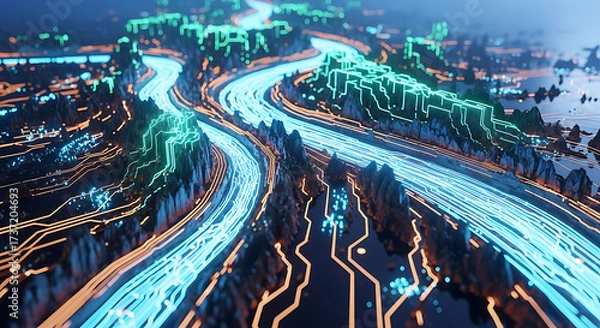 Fototapeta Futuristic Circuit Board Landscape Technology Data Flow Connectivity Innovation