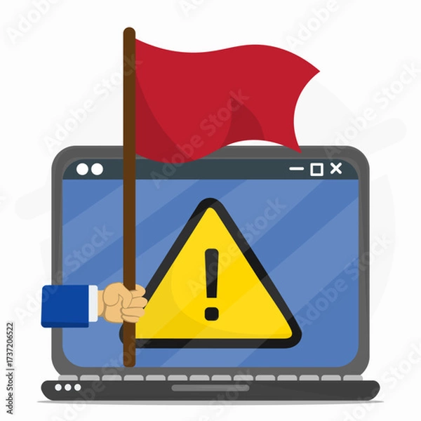 Fototapeta Hand holding red flag with error warning sign on the laptop screen. Concept of a operating system malfunction, online risk and scam alert.