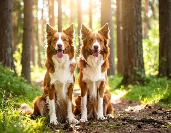 Obraz Two Border Collies sit side-by-side in a sunlit forest