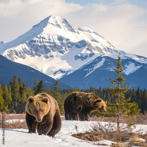 Obraz Two brown bears in snowy mountains