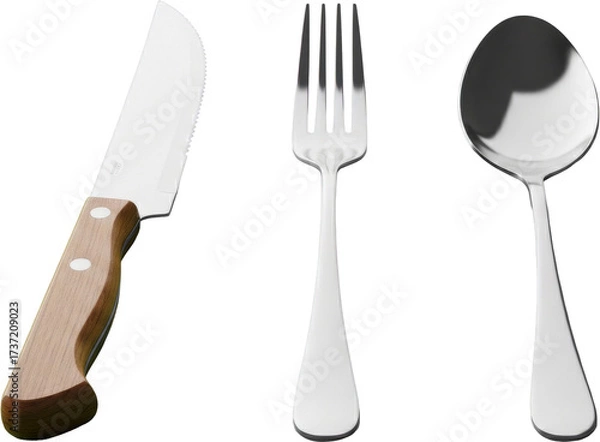 Obraz Shiny Metal Knife, Fork, and Spoon on a Neutral Grey Background