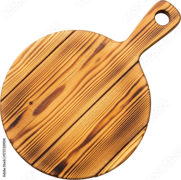 Obraz Rustic Round Wooden Cutting Board with Handle on White Background