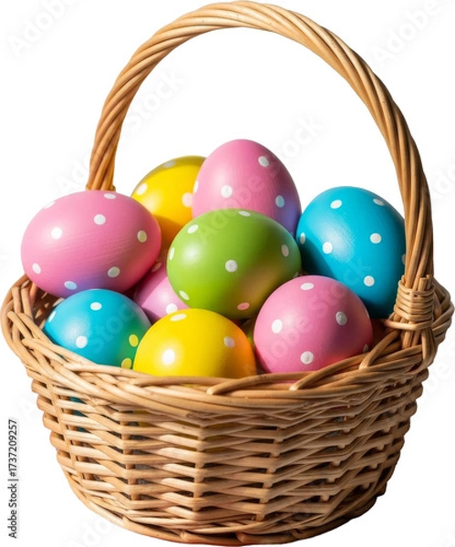 Obraz Vibrant Polka Dot Easter Eggs Neatly Arranged in a Woven Wicker Basket
