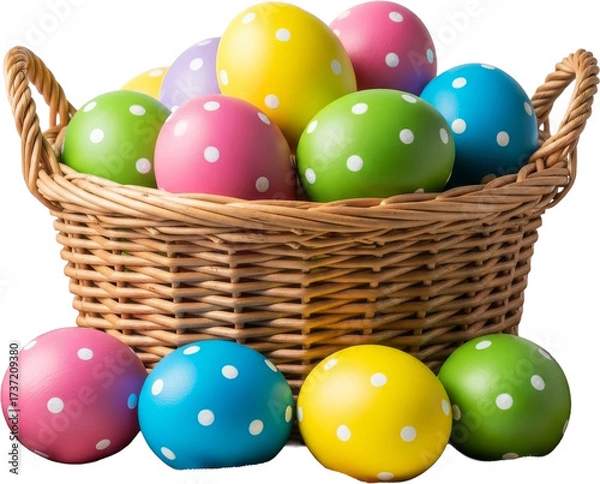 Obraz Colorful Polka Dot Easter Eggs in a Wicker Basket on Plaid Cloth