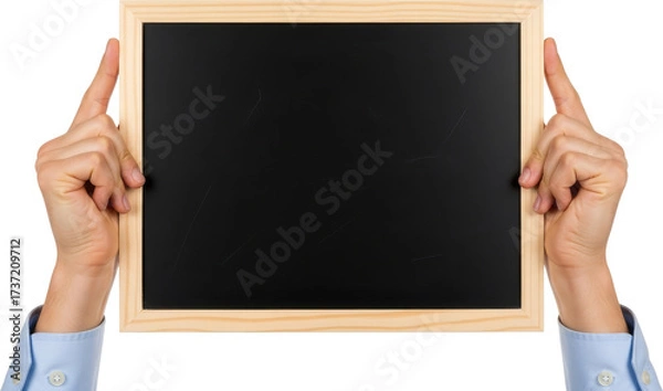 Obraz Hands Holding a Blank Blackboard with Wooden Frame Against White Background