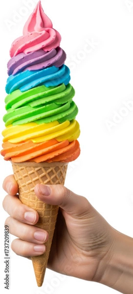 Obraz Hand Holding Delicious Rainbow Swirl Soft Serve Ice Cream Cone