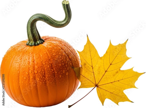 Obraz Fresh Pumpkin with Water Drops and Autumn Maple Leaf