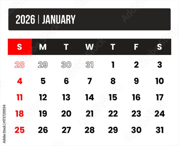 Fototapeta 2026 (1 month january) universal calendar vector design, international format suitable for global use, modern minimal template for print and digital applications