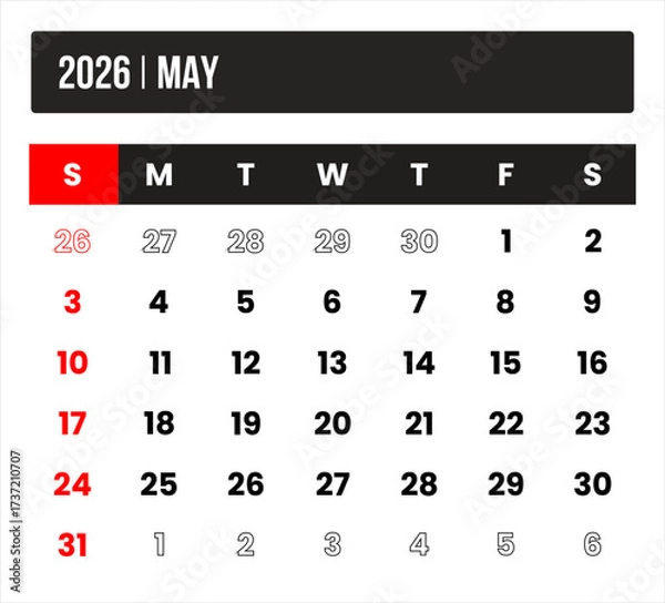 Fototapeta 2026 (1 month may) universal calendar vector design, international format suitable for global use, modern minimal template for print and digital applications