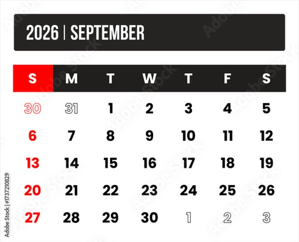 Fototapeta 2026 (1 month september) universal calendar vector design, international format suitable for global use, modern minimal template for print and digital applications