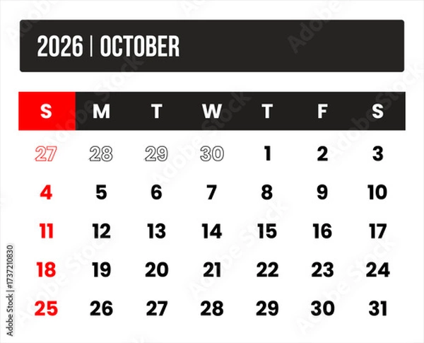 Fototapeta 2026 (1 month october) universal calendar vector design, international format suitable for global use, modern minimal template for print and digital applications