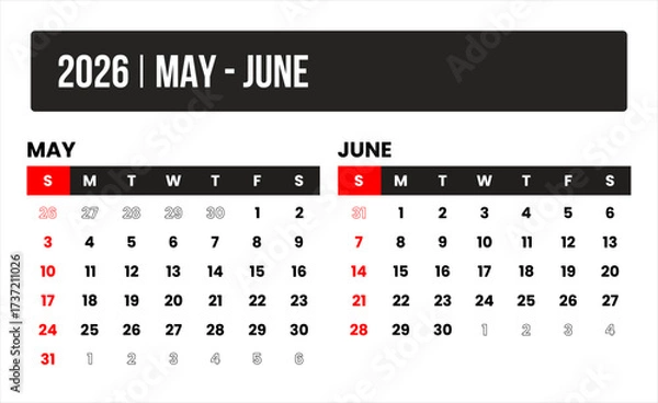 Fototapeta 2026 (2 months may - june) universal calendar vector design, international format suitable for global use, modern minimal template for print and digital applications
