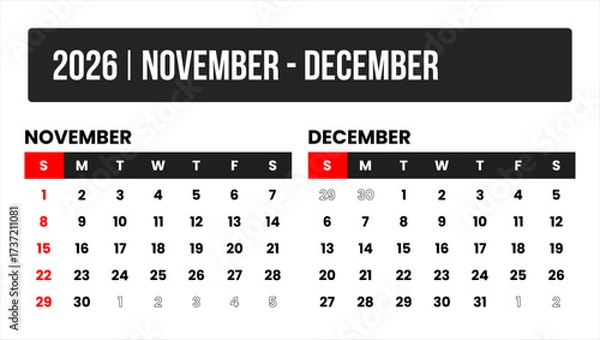 Fototapeta 2026 (2 months november - december) universal calendar vector design, international format suitable for global use, modern minimal template for print and digital applications