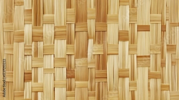 Fototapeta Close-up of a woven light brown bamboo or rattan surface.  Interlocking, square patterns are evident