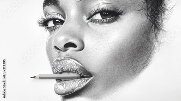 Fototapeta Close-up grayscale portrait of a woman,  detailed shading and realistic features, with a pencil