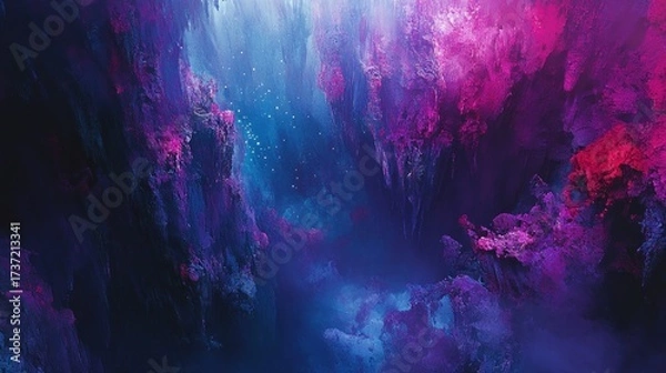 Fototapeta Vibrant, abstract cave scene with deep blues, pinks, and purples.  Immense rock formations and soft light