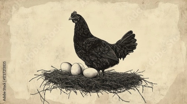 Fototapeta Vintage-style illustration of a hen with eggs in a nest