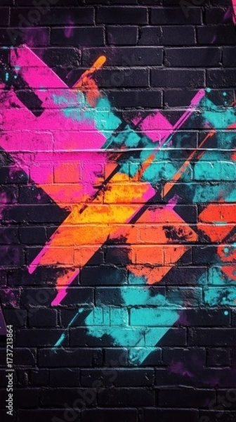 Fototapeta Vibrant graffiti art on a dark brick wall. Bold, overlapping strokes of hot pink, turquoise, and orange paint create a dynamic design against a textured black brick background