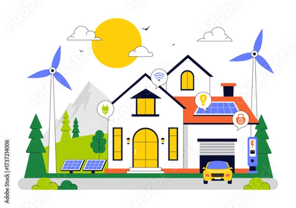 Obraz Eco Friendly Smart Home Devices Vector Illustration Featuring House Automation Controlled via Smartphone with an Integrated System of Electronics