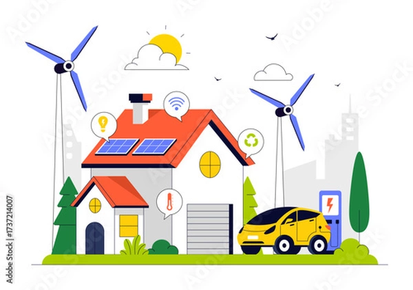 Obraz Eco Friendly Smart Home Devices Vector Illustration Featuring House Automation Controlled via Smartphone with an Integrated System of Electronics