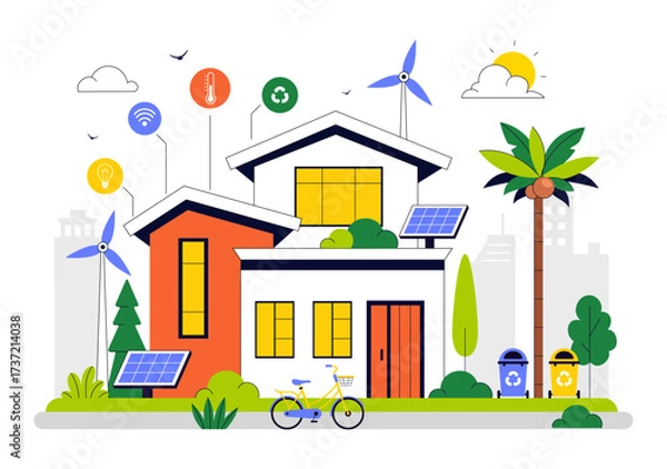 Obraz Eco Friendly Smart Home Devices Vector Illustration Featuring House Automation Controlled via Smartphone with an Integrated System of Electronics