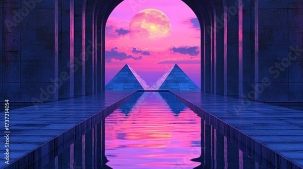 Fototapeta A vibrant, futuristic archway.  A surreal scene with pyramids reflecting in a calm pool.  A large moon dominates the pastel sky
