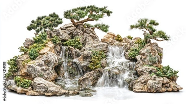 Fototapeta Miniature landscape with cascading waterfall and bonsai trees