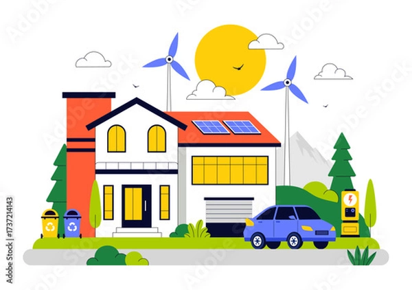 Obraz Eco Friendly Smart Home Devices Vector Illustration Featuring House Automation Controlled via Smartphone with an Integrated System of Electronics