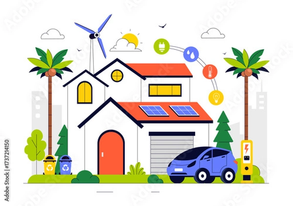 Obraz Eco Friendly Smart Home Devices Vector Illustration Featuring House Automation Controlled via Smartphone with an Integrated System of Electronics