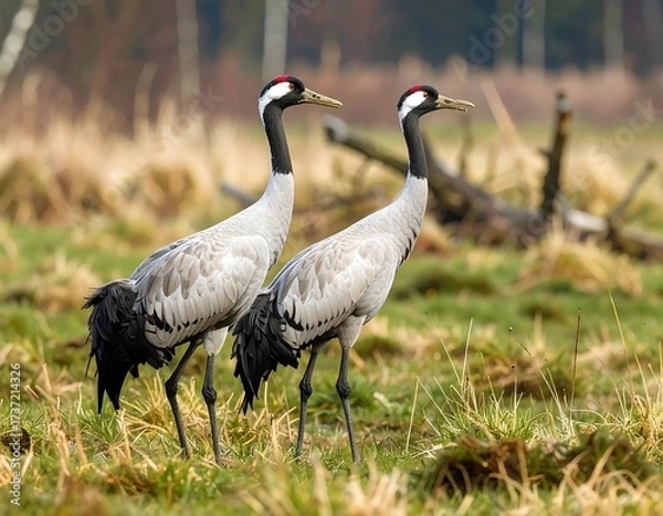 Obraz Two cranes in a grassy field