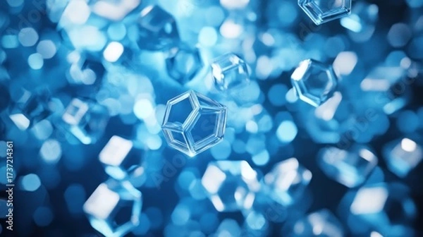 Fototapeta Abstract digital image of many translucent blue and white cubes in mid-air, blurred background