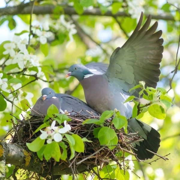 Obraz Two doves in a nest amongst blossoms