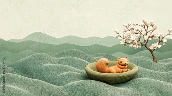 Fototapeta A stylized squirrel nestled in a bowl, amidst a serene landscape of muted greens and white blossoms