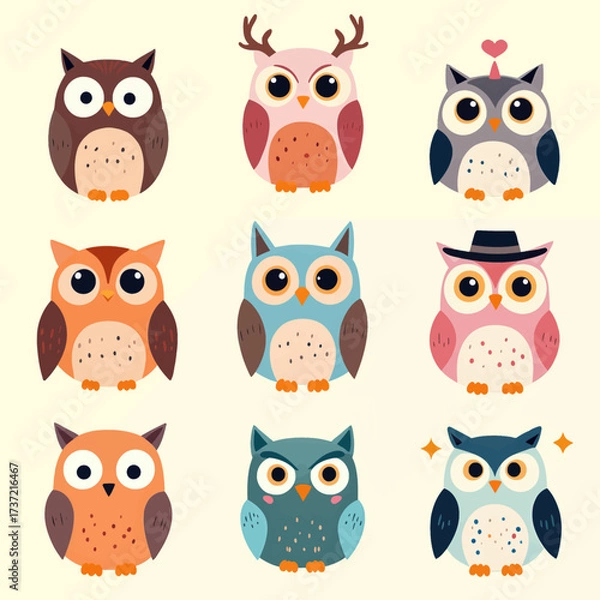 Fototapeta Whimsical Owls in Pastel Colors, Each Unique and Adorable