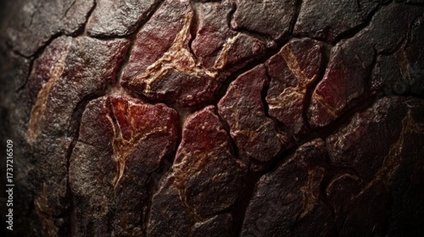 Fototapeta Close-up textured surface, deep reds and browns, cracked and uneven