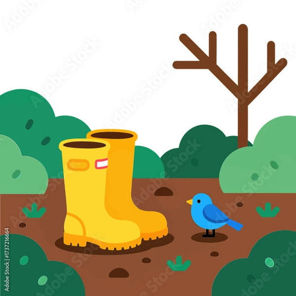 Fototapeta Yellow Rain Boots and Blue Bird in Forest Mud, Spring Exploration
