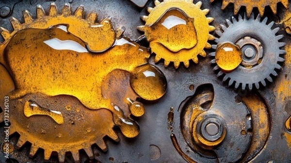 Fototapeta Close-up view of gears, drizzled with golden oil