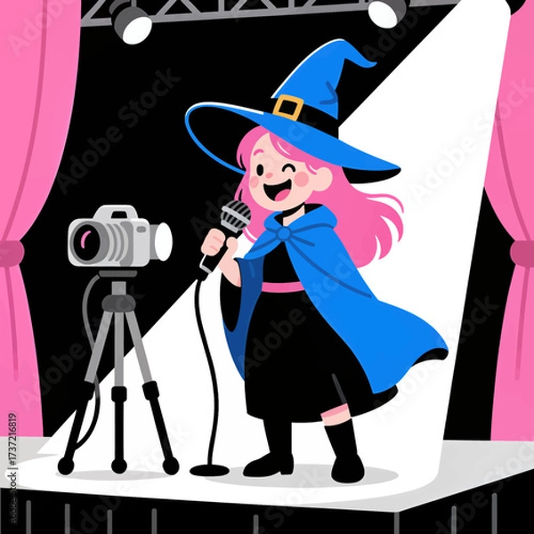 Fototapeta Witchy Singer on Stage with Microphone and Camera