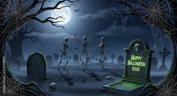 Fototapeta Happy halloween 2025 graveyard scene with dancing skeletons and skull tombstone