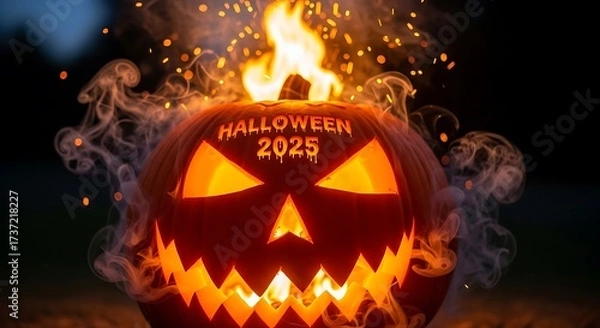 Fototapeta A fiery halloween pumpkin with the year 2025 carved into its glowing face