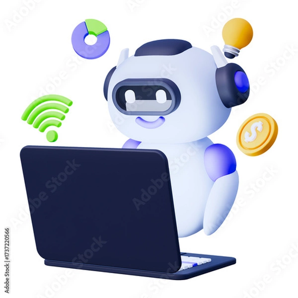Fototapeta White Robot with Laptop Surrounded by Floating Objects on Transparent Background