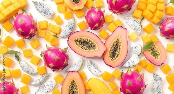 Fototapeta Delightful assortment of fresh papaya, mango, and dragon fruit creating a vibrant tropical fruit sensation for smoothies or desserts