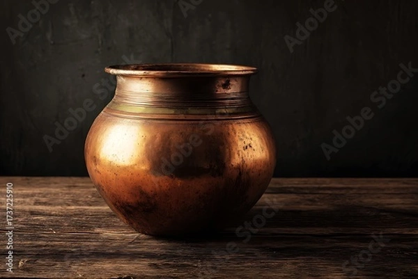 Fototapeta Rustic Copper Pot Still Life on Wooden Surface with Dark Background, Emphasizing Warm Tones and Textural Details