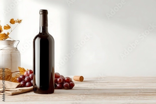 Fototapeta Elegant still life featuring a bottle of red wine, grapes, and a rustic vase on a wooden surface.