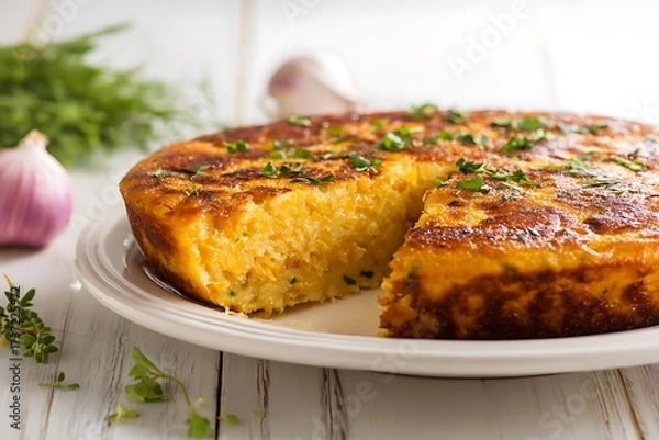 Fototapeta Delicious Potato Cake with Herbs and Garlic on a White Plate, showcasing a rustic and appetizing presentation.
