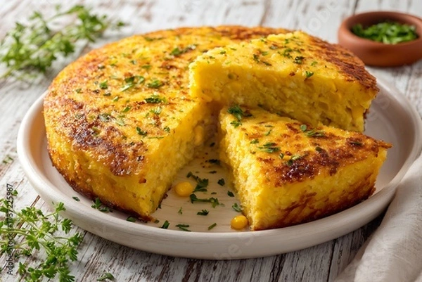 Fototapeta Delicious cornbread on a plate with herbs, a tasty and inviting culinary presentation.