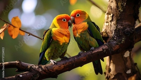 Obraz Two parrots cuddling on a branch