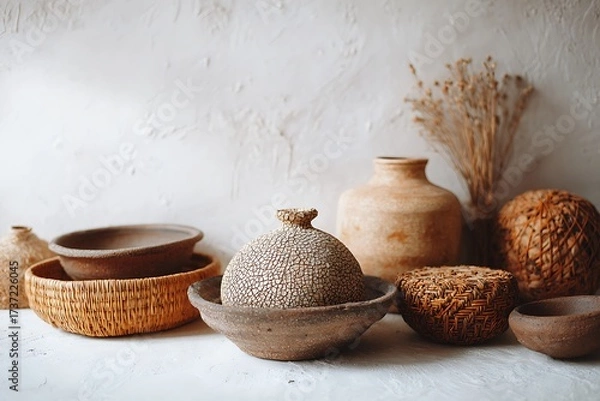 Fototapeta A rustic arrangement of earthenware and woven baskets against a textured white wall, creating a warm, natural aesthetic.
