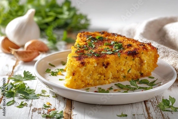 Fototapeta Savory Cornbread Slice with Herbs and Garlic on a Rustic White Wooden Table